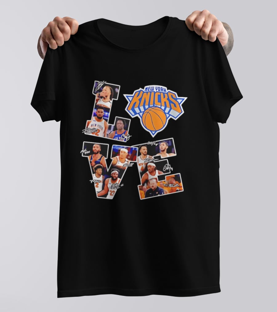 New York Knicks Players Autograph Collage Spelling LOVE With Iconic Team T-Shirt
