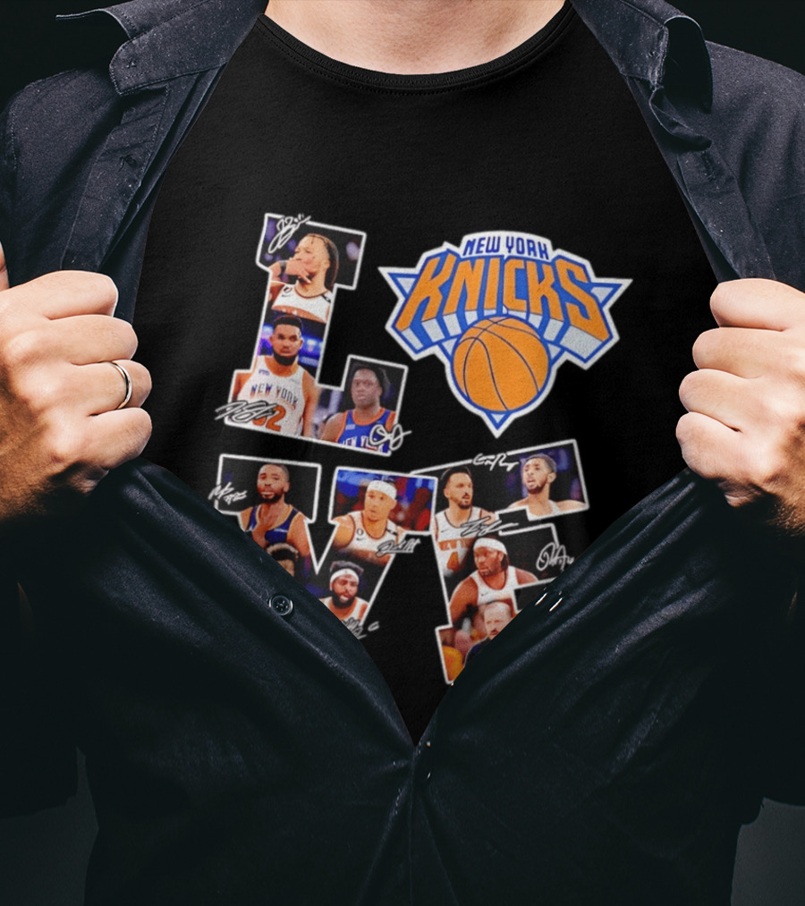 New York Knicks Players Autograph Collage Spelling LOVE With Iconic Team T-Shirt