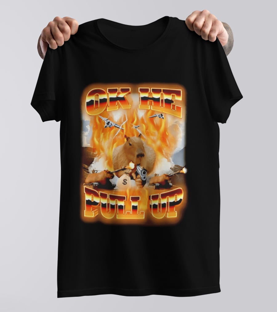 Ok He Pull Up Capybara Surrounded By Fire With Jets And Guns T-Shirt