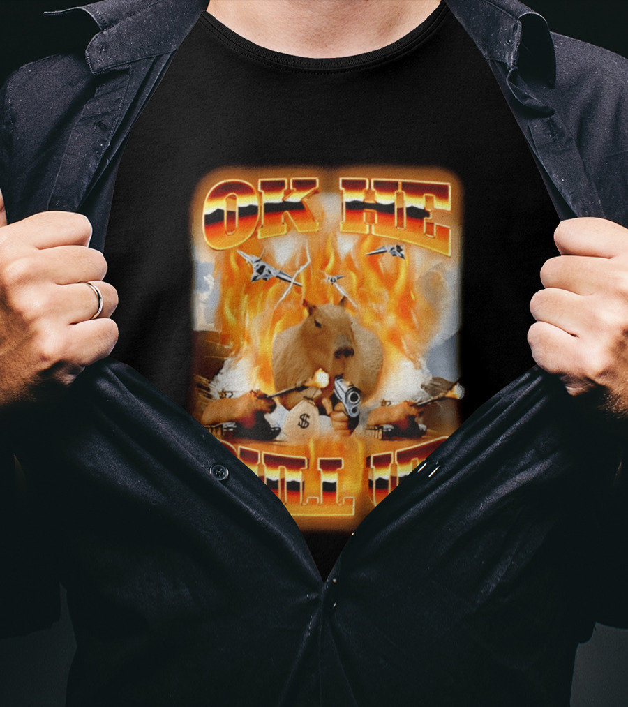 Ok He Pull Up Capybara Surrounded By Fire With Jets And Guns T-Shirt