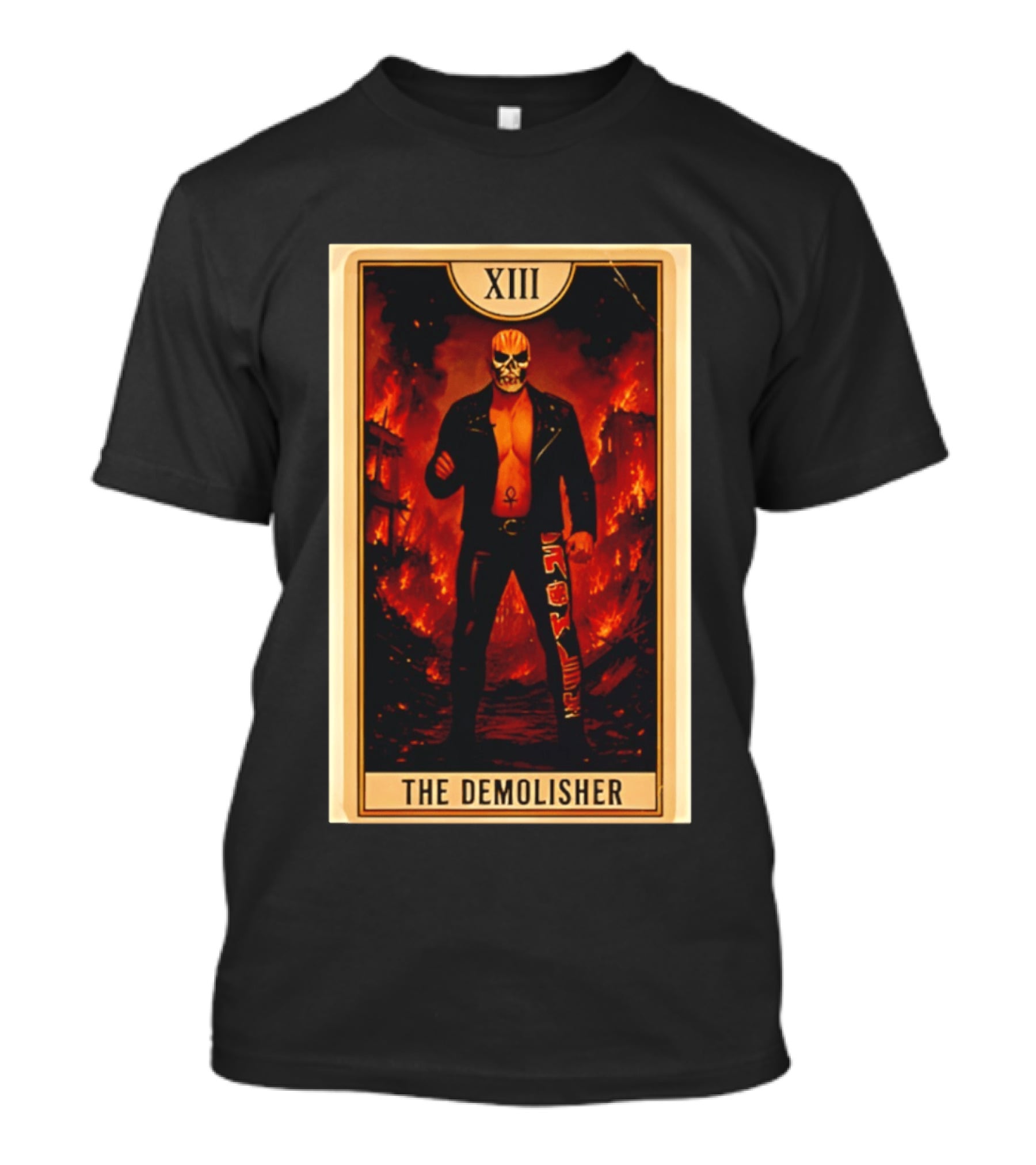XIII The Demolisher Tarot Card Skull Masked Figure In Flames T-Shirt