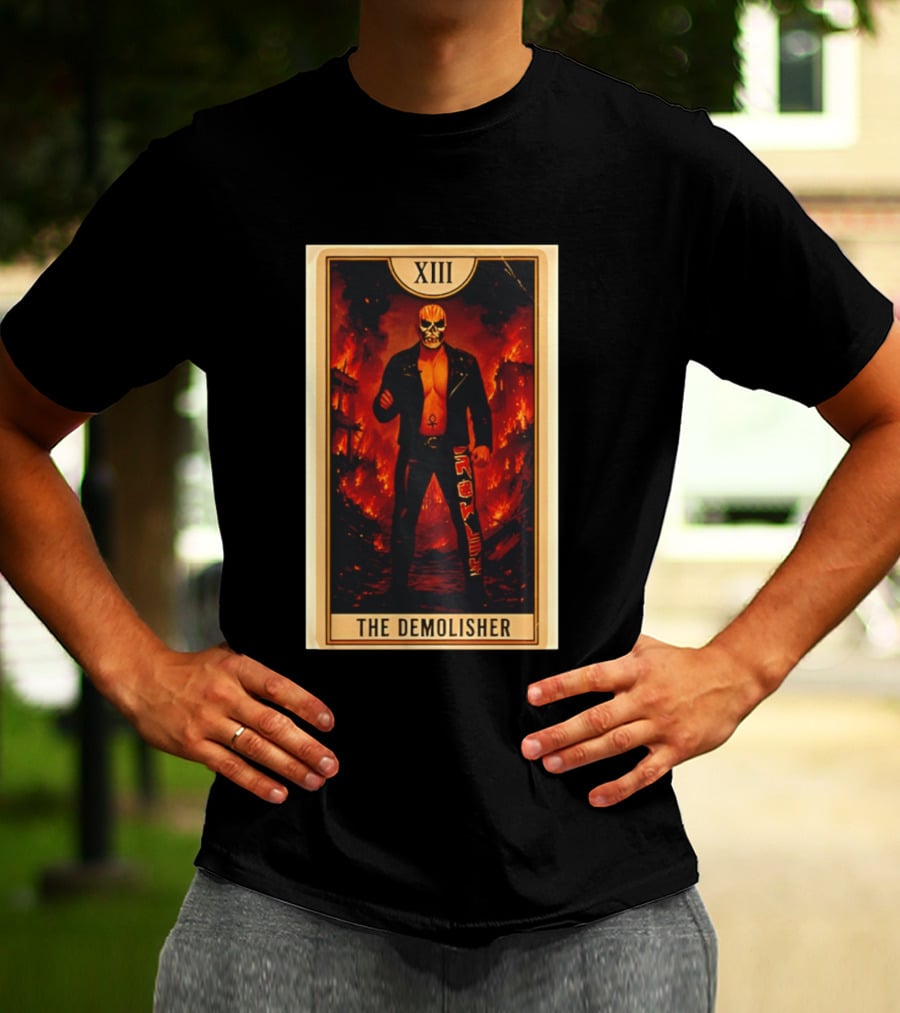 XIII The Demolisher Tarot Card Skull Masked Figure In Flames T-Shirt