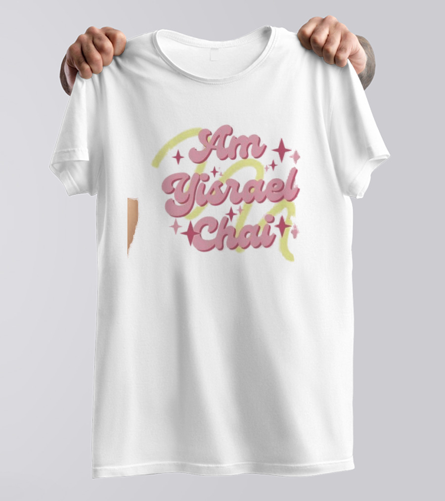 Am Yisrael Chai Jewish Pride Pink Text With Yellow And Stars T-Shirt