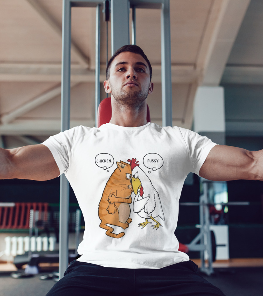 Chicken Pussy Standoff Cartoon Humor Confrontation T-Shirt