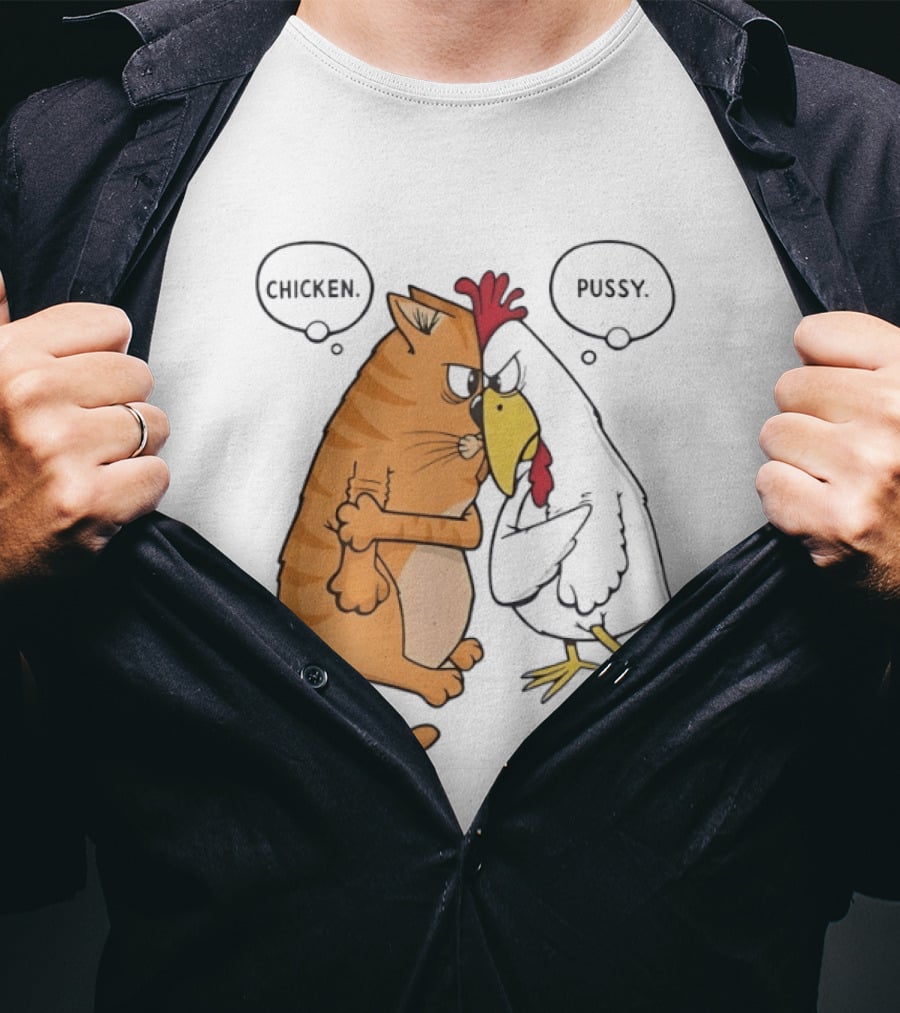 Chicken Pussy Standoff Cartoon Humor Confrontation T-Shirt