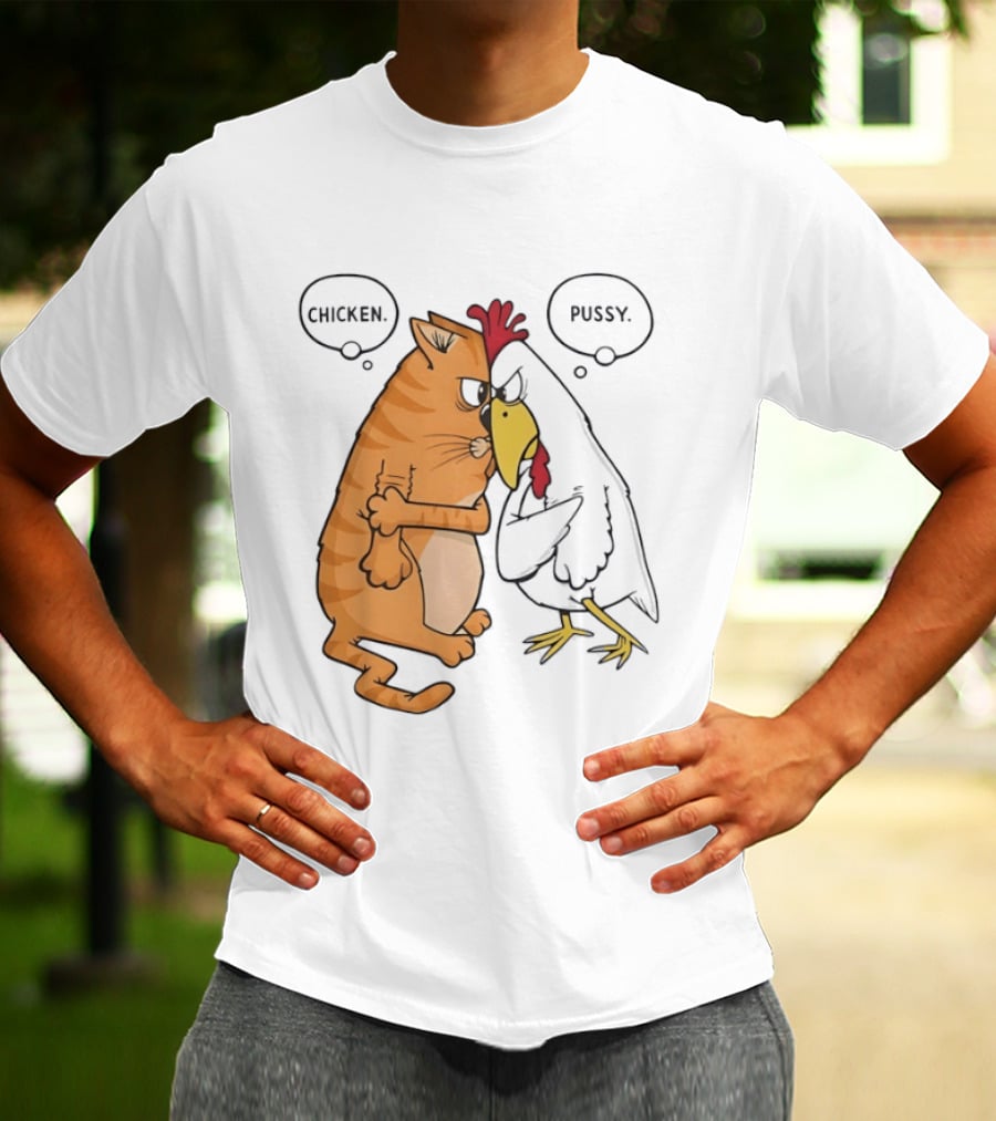 Chicken Pussy Standoff Cartoon Humor Confrontation T-Shirt