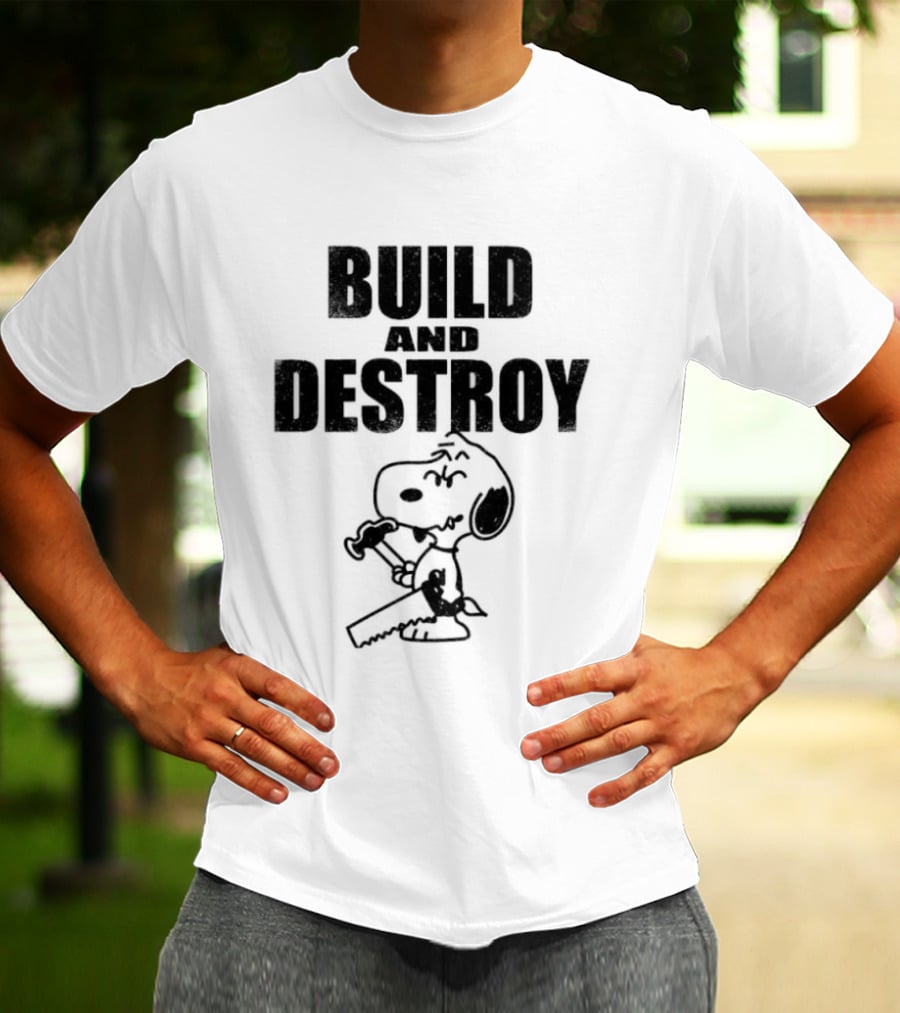 Snoopy Peanuts Build And Destroy Text Hammer Cartoon T-Shirt