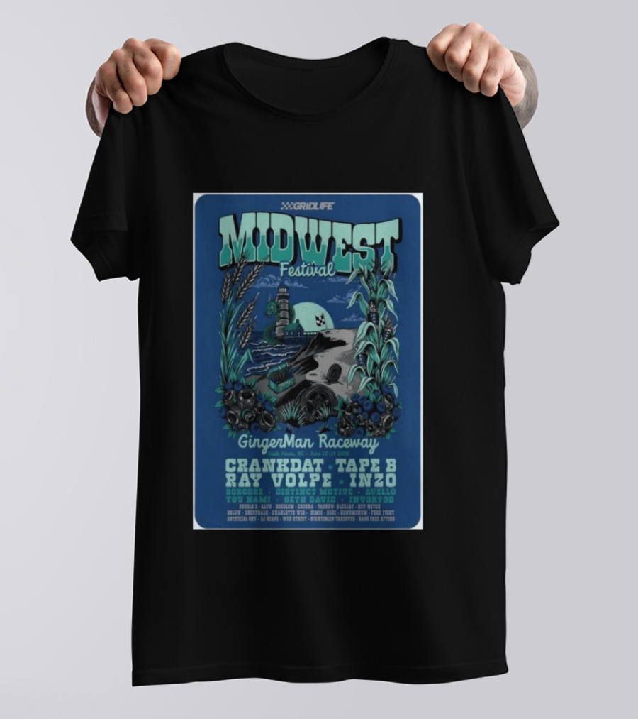 GRIDLIFE Midwest Festival GingerMan Raceway June 12 14 2026 South Haven MI Crankdat Tape B Ray Volpe INZO Borgore T-Shirt