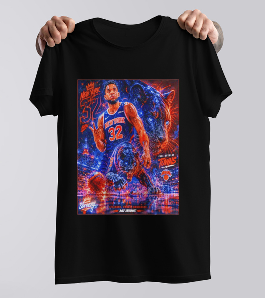 New York 32 Karl Anthony Towns Panther Blossom Street Slicey NBA Knicks T-Shirt