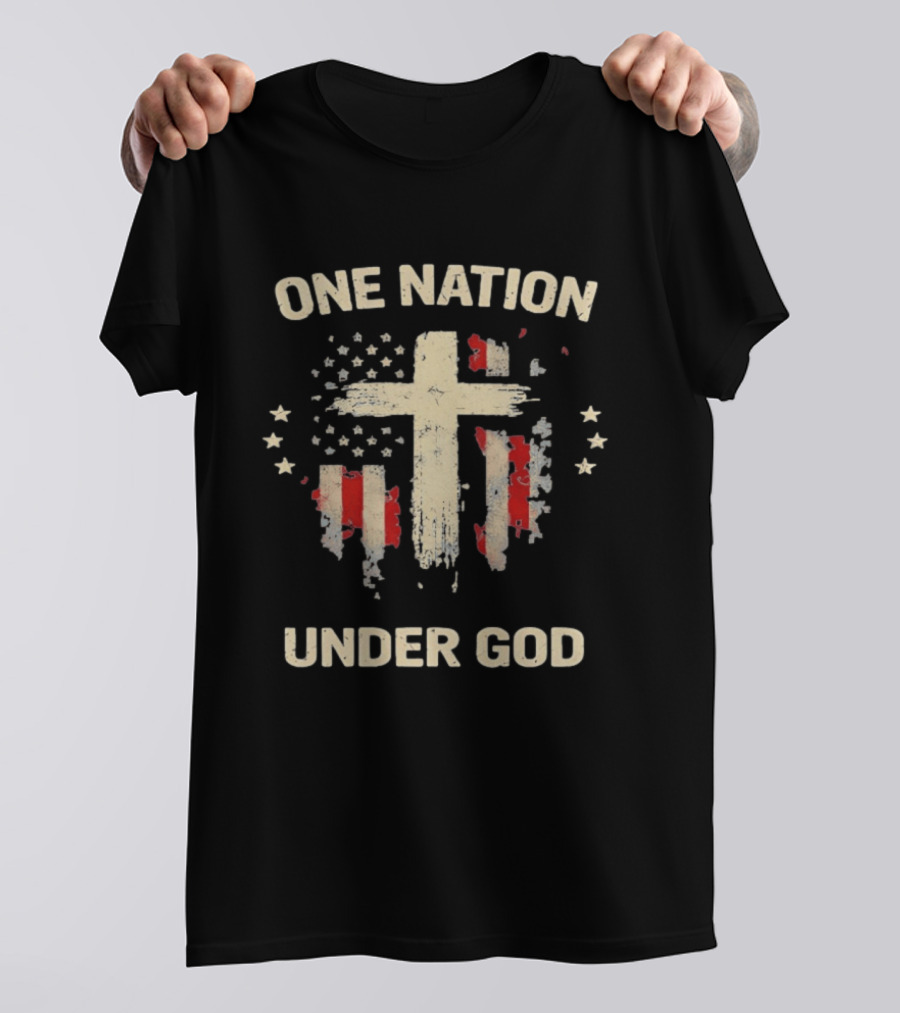 One Nation Under God Patriotic Cross American Flag Christian Faith T-Shirt