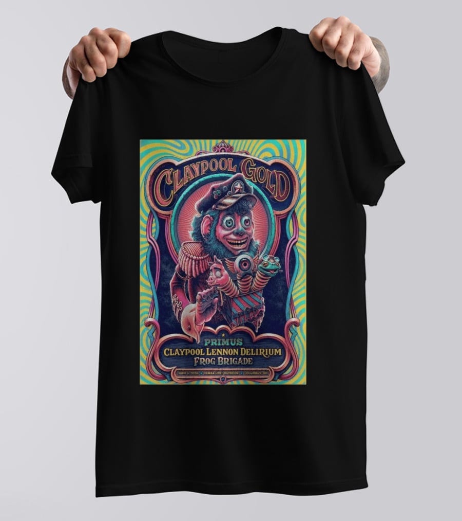 Primus Claypool Lennon Delirium Frog Brigade Columbus OH June 6 2026 Claypool Gold T-Shirt