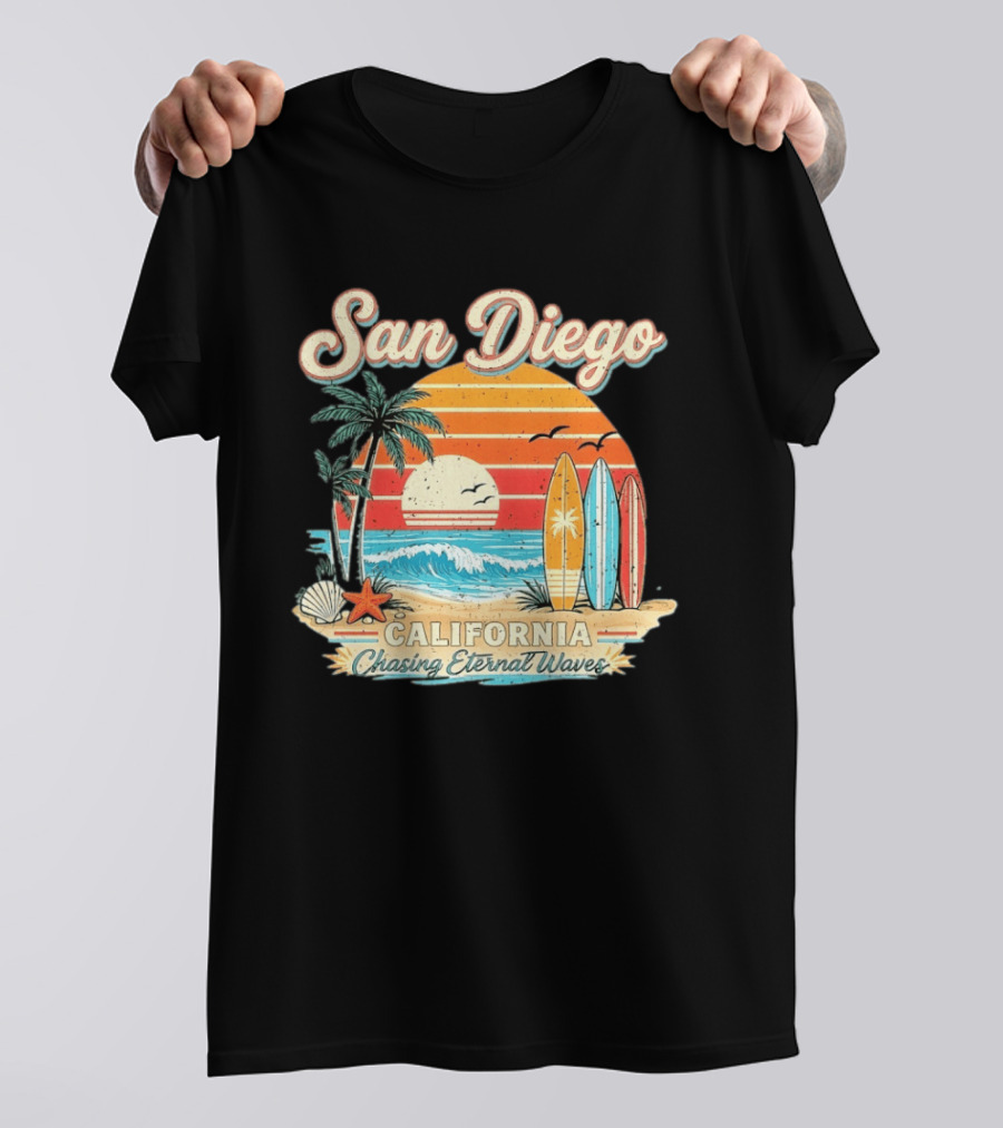 San Diego California Surfing Sunrise Chasing Eternal Waves Beach Vacation T-Shirt