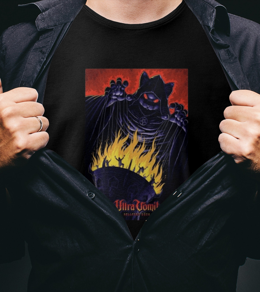 Ultra Vomit Hellfest 2026 Clisson France Jun 19 Puppet Master Cat With Fire Tower T-Shirt