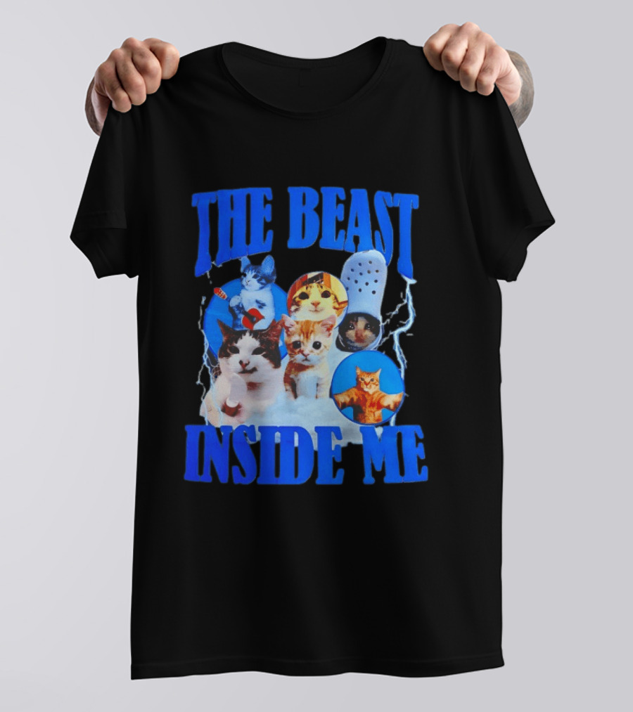 The Beast Inside Me Cat Collage With Blue Electric Accents T-Shirt