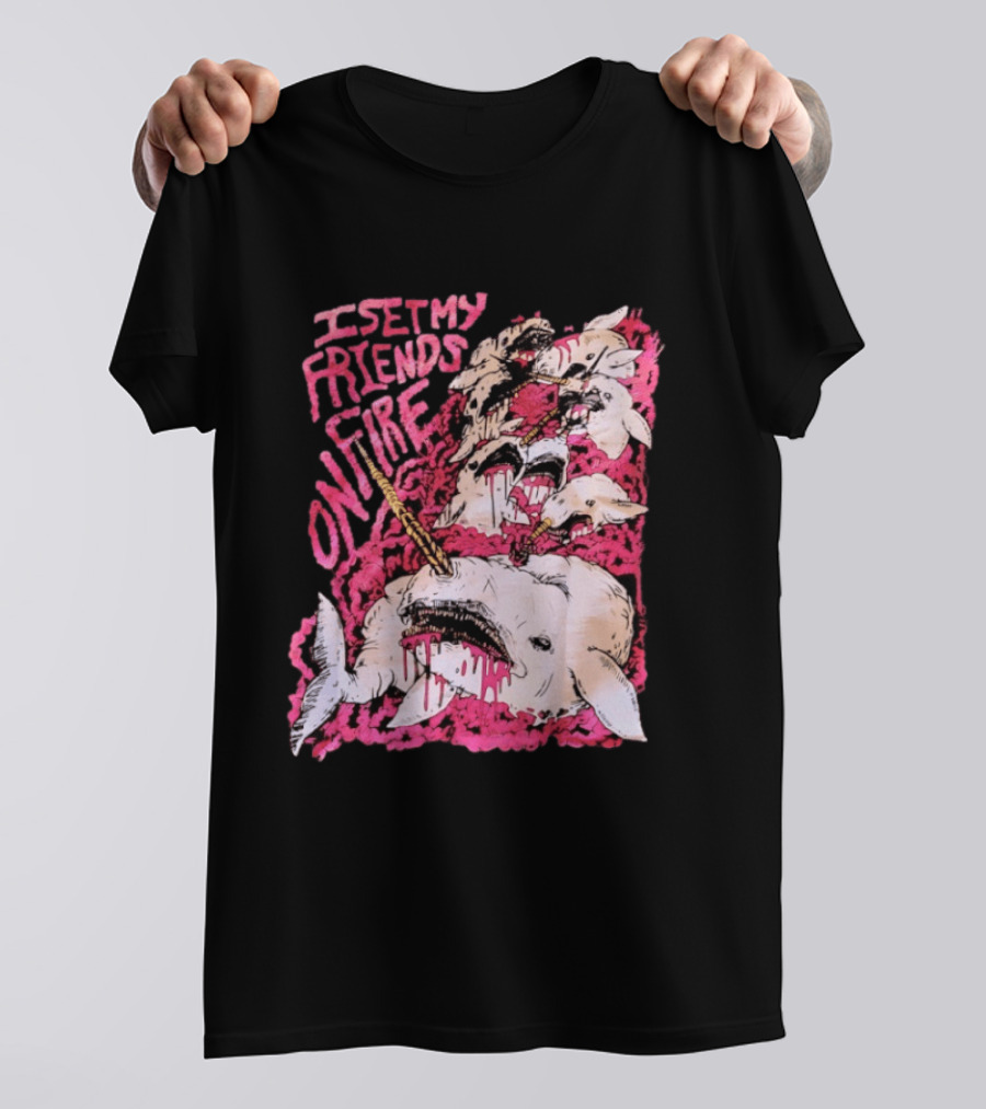 I Set My Friends On Fire Narwhal Pink And White T-Shirt