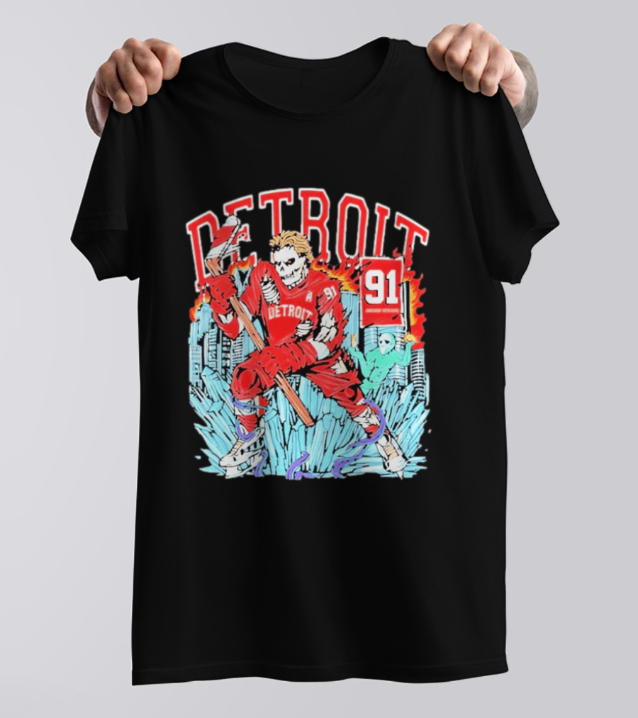Detroit Hockey 91 Skeleton Player Red Jersey Cityscape Flame T-Shirt