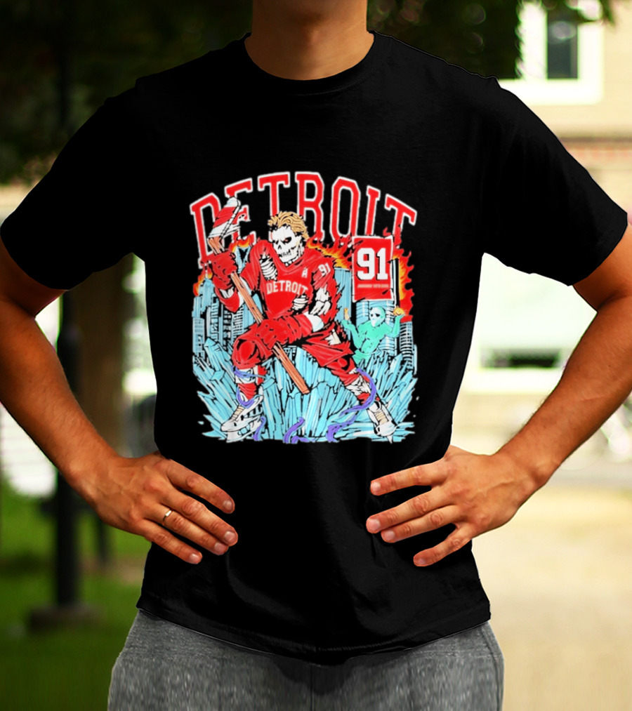 Detroit Hockey 91 Skeleton Player Red Jersey Cityscape Flame T-Shirt