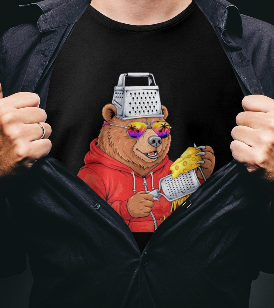 Bear With Cheese Grater Hat And Sunglasses With Bright Palm Tree Reflection T-Shirt