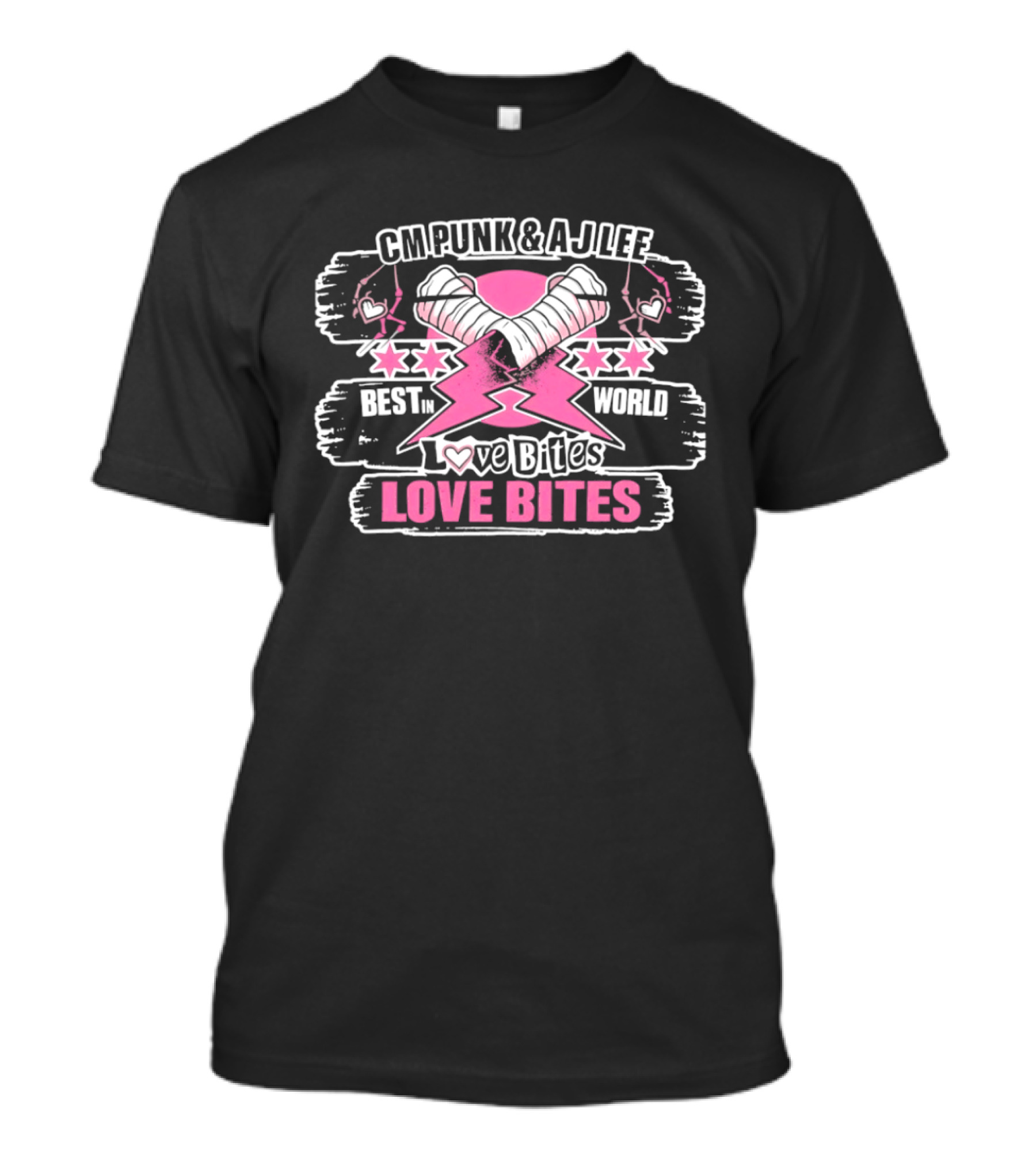 CM Punk AJ Lee Best In The World Love Bites Pink Heart Stars T-Shirt