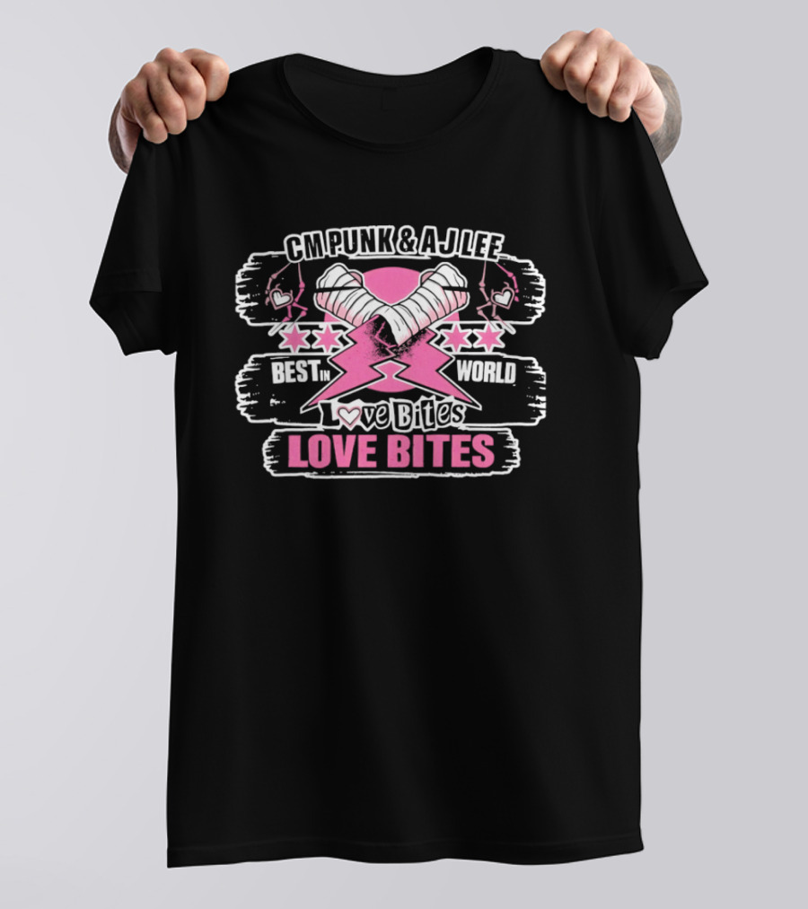 CM Punk AJ Lee Best In The World Love Bites Pink Heart Stars T-Shirt