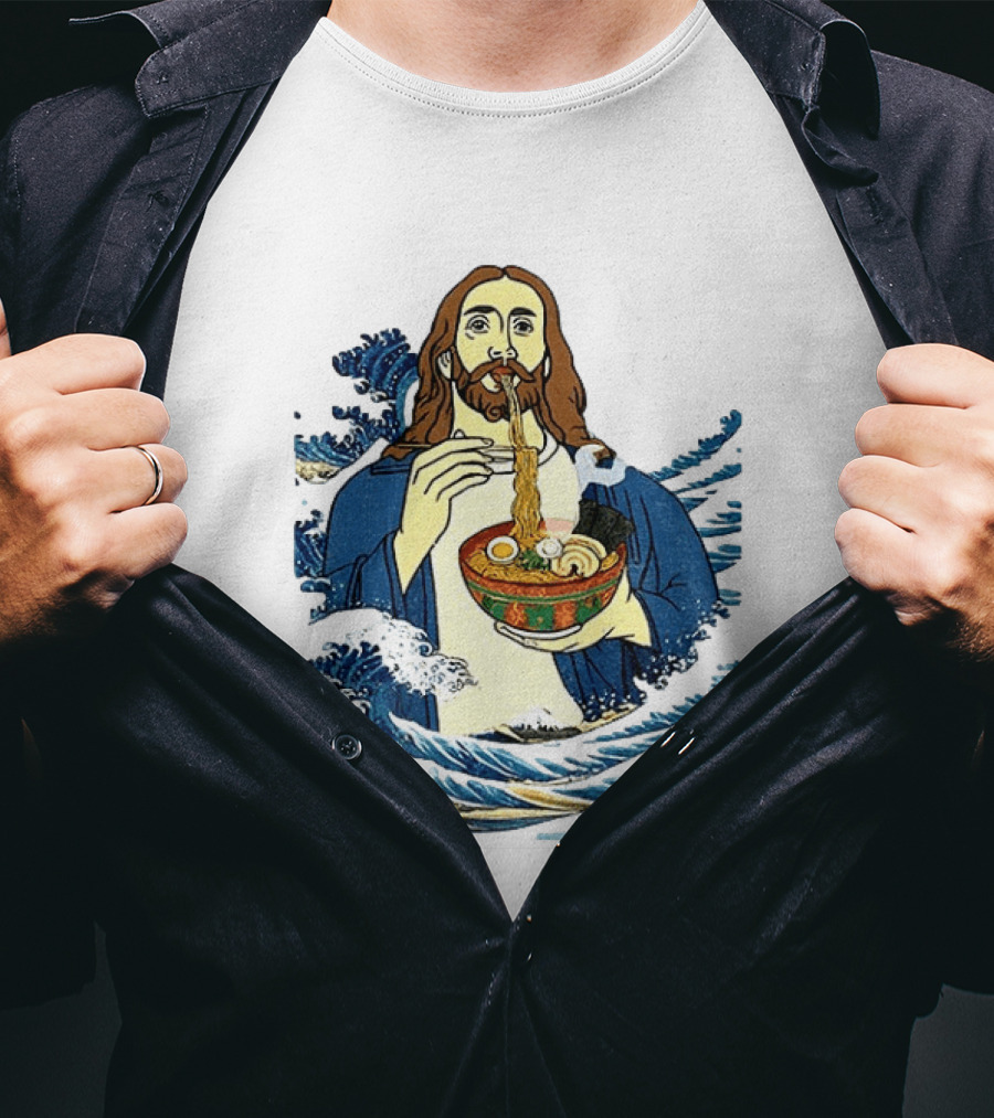 God Eats Ramen Jesus Wave Meme With Bowl Of Noodles T-Shirt