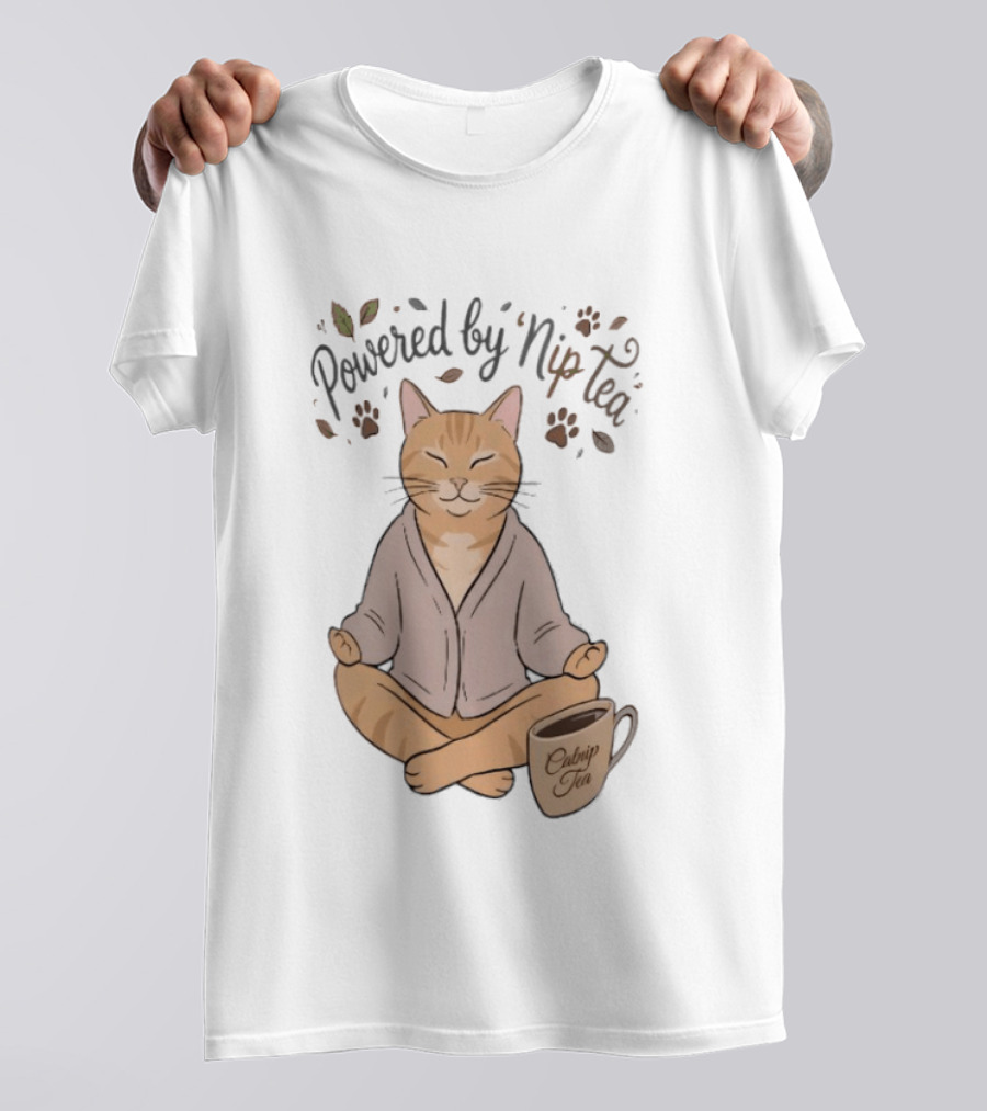 Powered By Nip Tea Catnip Tea Meditating Cat With Paw Prints T-Shirt