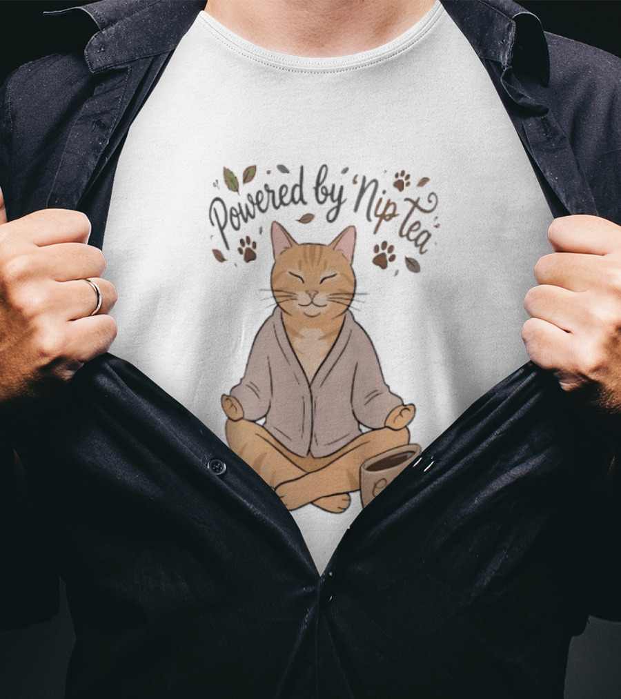 Powered By Nip Tea Catnip Tea Meditating Cat With Paw Prints T-Shirt