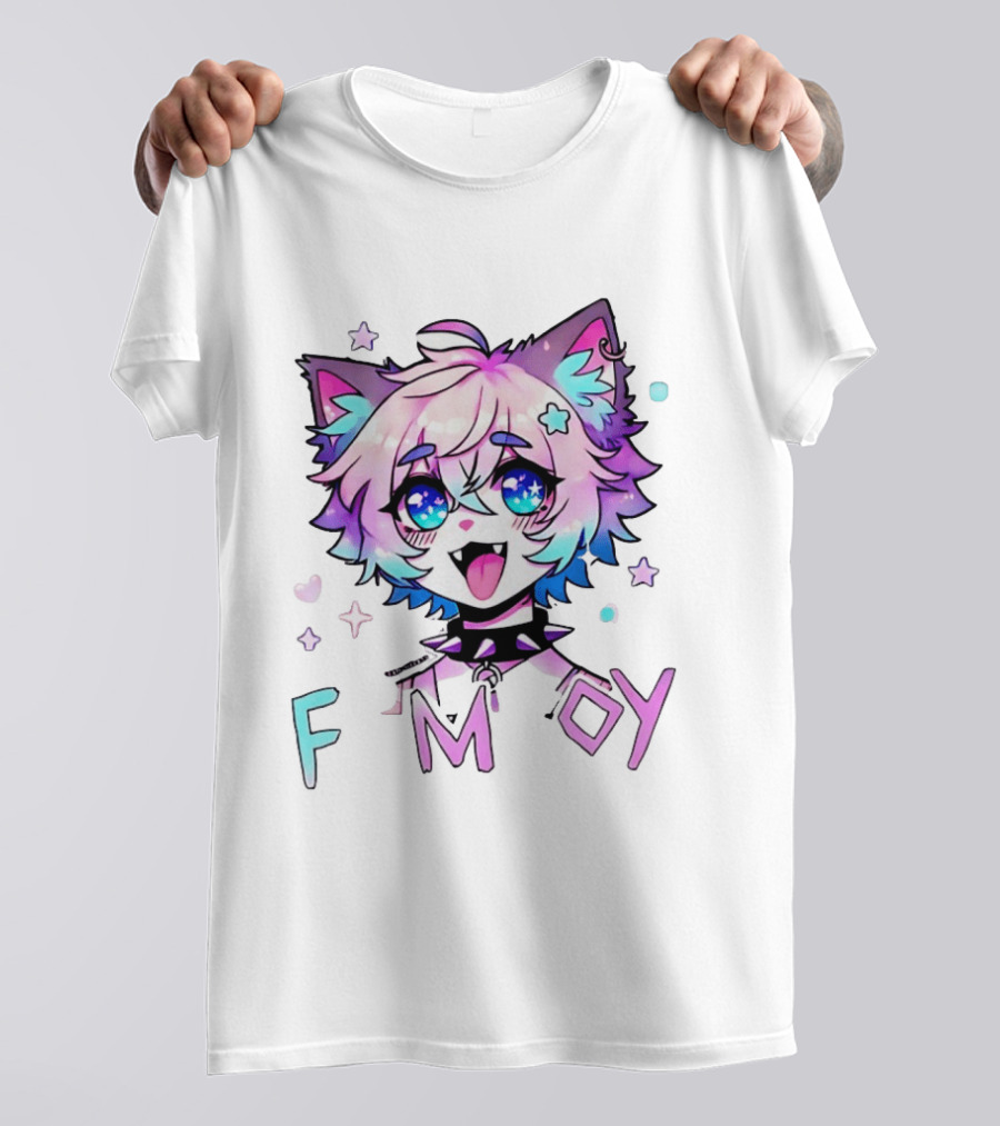 Femboy Cat Boy Anime Spike Collar Starry Eyes Pastel Ears T-Shirt