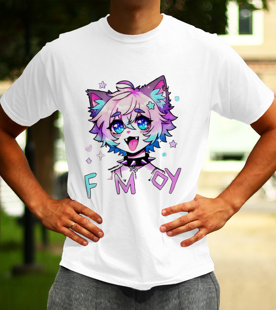Femboy Cat Boy Anime Spike Collar Starry Eyes Pastel Ears T-Shirt