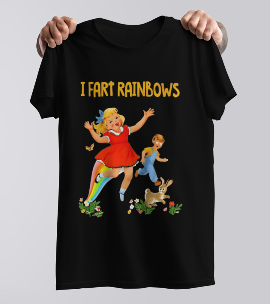 I Fart Rainbows Vintage Retro Kids Playing Butterflies Rabbits Flowers T-Shirt
