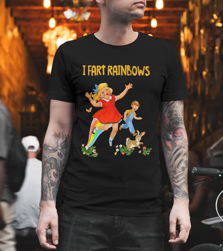 I Fart Rainbows Vintage Retro Kids Playing Butterflies Rabbits Flowers T-Shirt