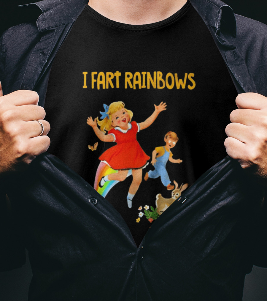 I Fart Rainbows Vintage Retro Kids Playing Butterflies Rabbits Flowers T-Shirt