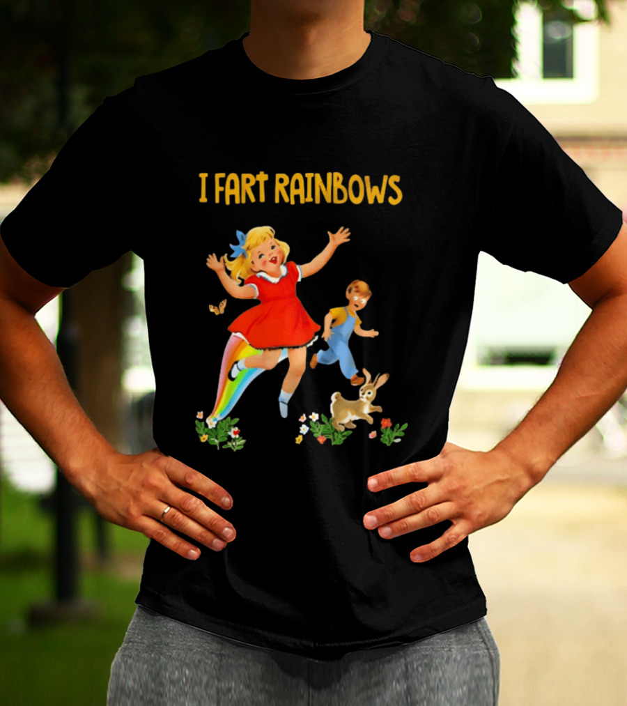 I Fart Rainbows Vintage Retro Kids Playing Butterflies Rabbits Flowers T-Shirt