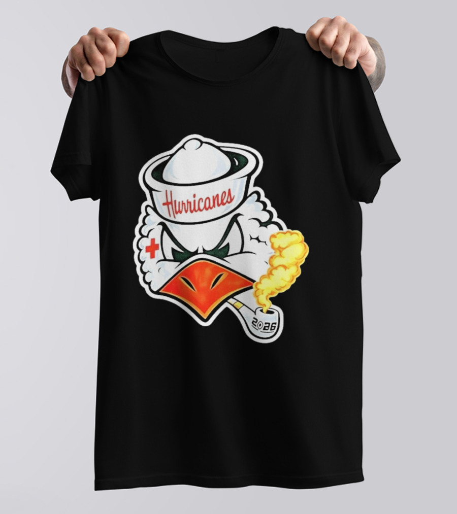 Miami Hurricanes Sebastian Mascot 2026 Pipe Gold Smoke T-Shirt