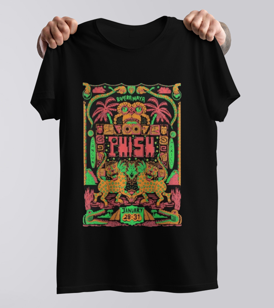 Phish Riviera Maya Cancun Mexico January 28 31 2026 Vibrant Neon Aztec Inspired Tropical T-Shirt