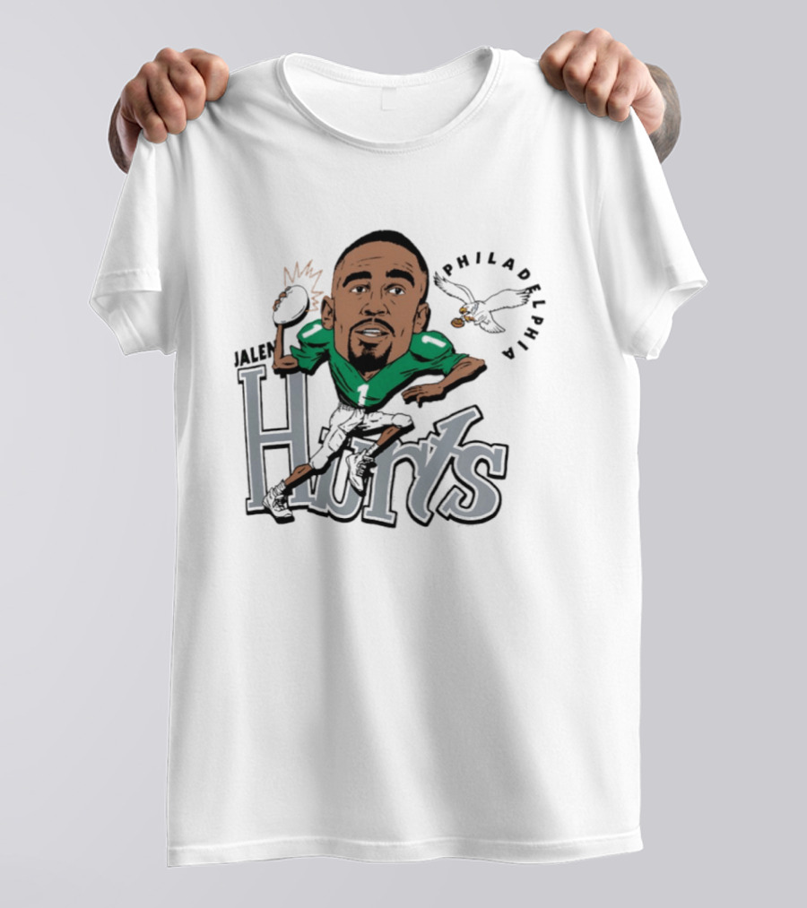 Jalen Hurts Philadelphia Eagles Football Caricature Running Action T-Shirt