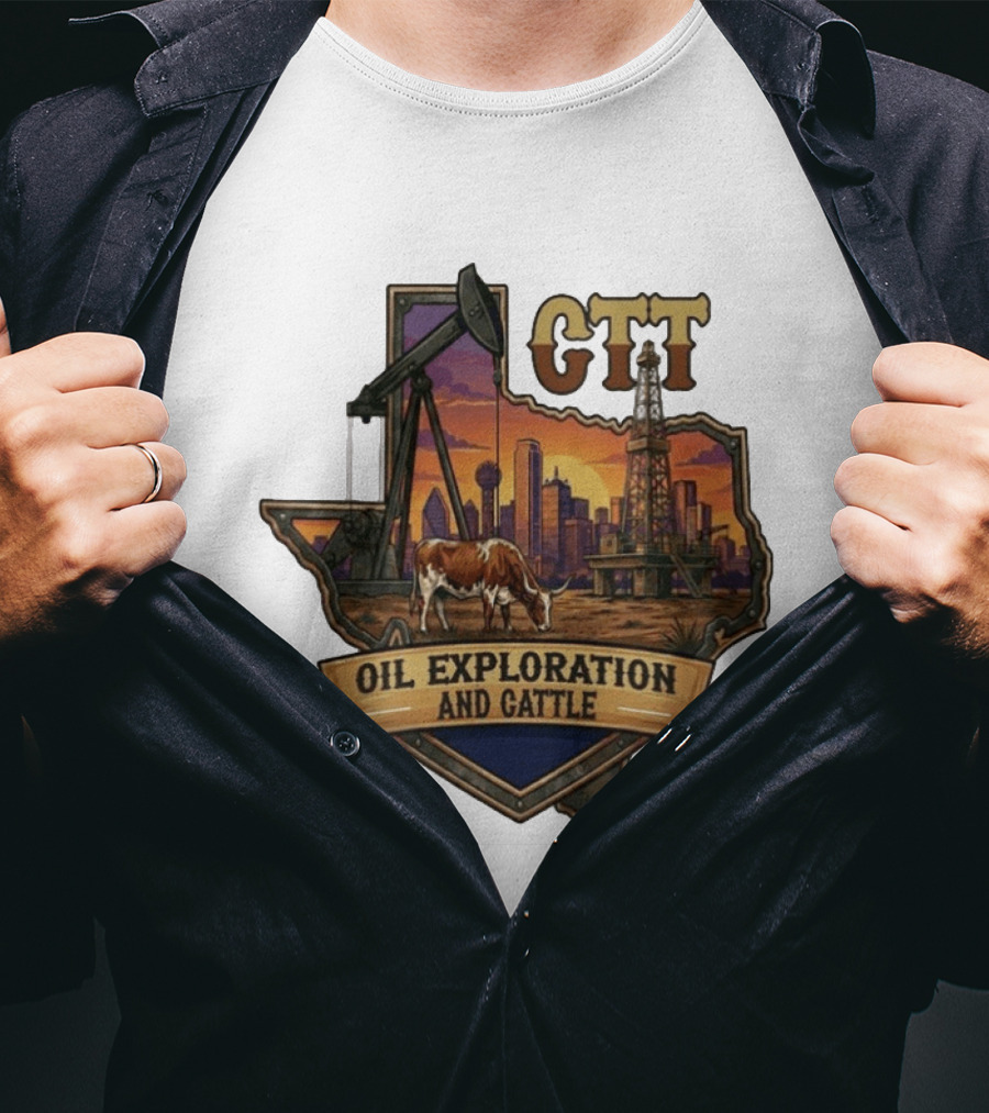 Texas CTT Oil Exploration Cattle Sunset Skyline T-Shirt