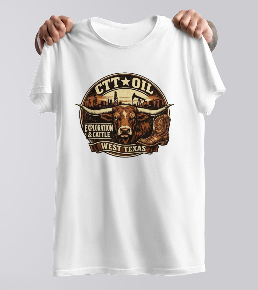 CTT Oil Exploration And Cattle West Texas Longhorn Boot Iconography T-Shirt