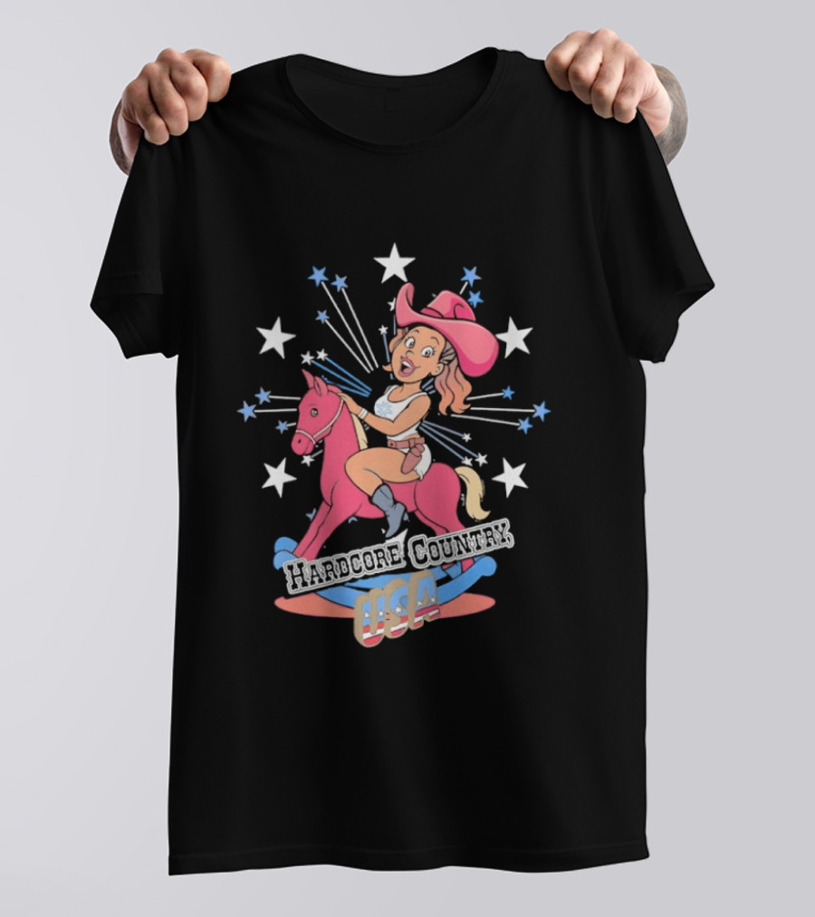 Hardcore Country USA Cowgirl Riding Pink Horse With Stars T-Shirt