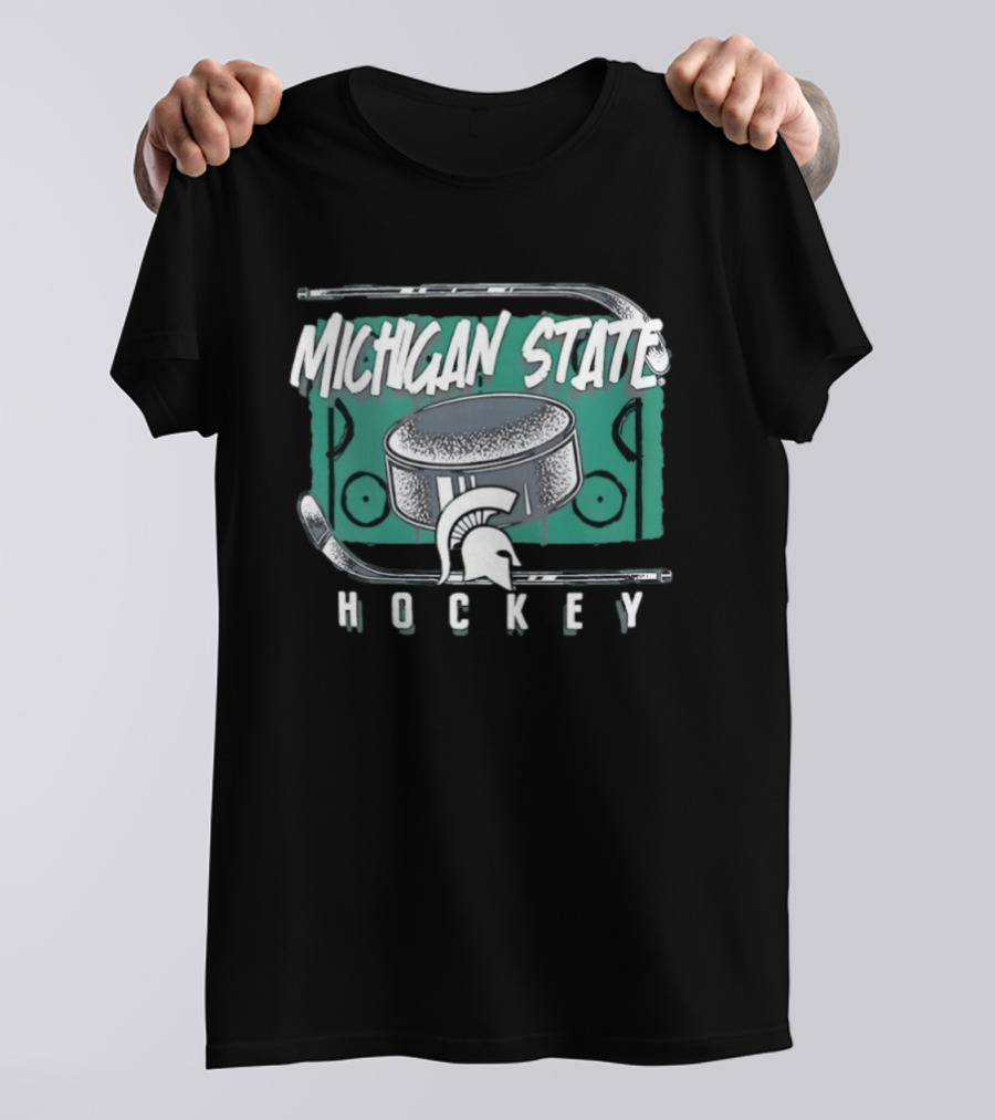 Michigan State Spartans Hockey Puck With Spartan Helmet And Sticks T-Shirt