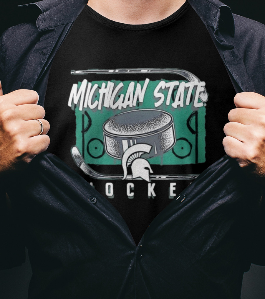 Michigan State Spartans Hockey Puck With Spartan Helmet And Sticks T-Shirt