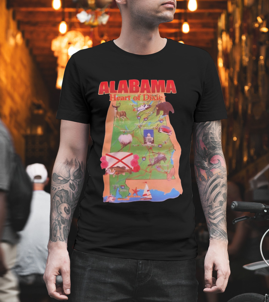Alabama Heart Of Dixie Map Landmarks And Wildlife T-Shirt