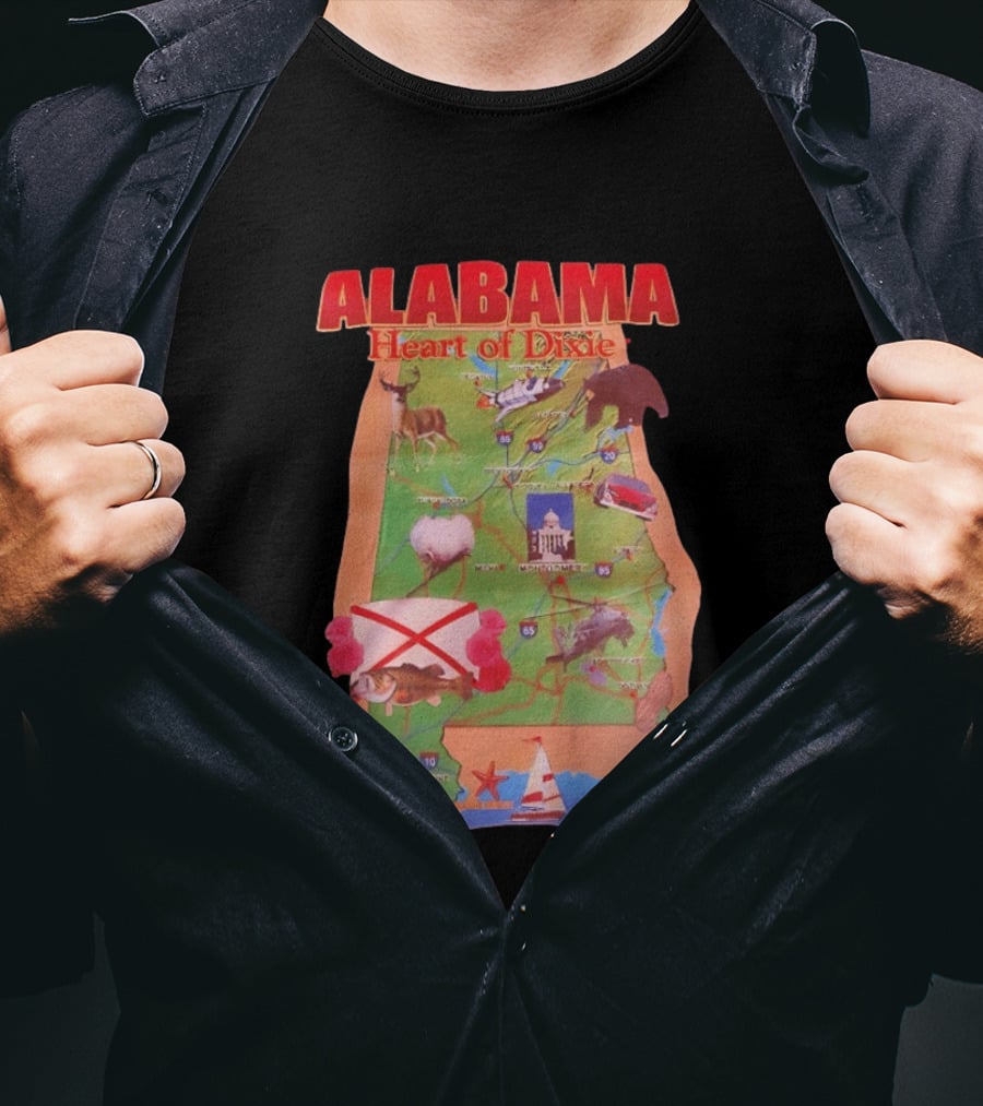 Alabama Heart Of Dixie Map Landmarks And Wildlife T-Shirt