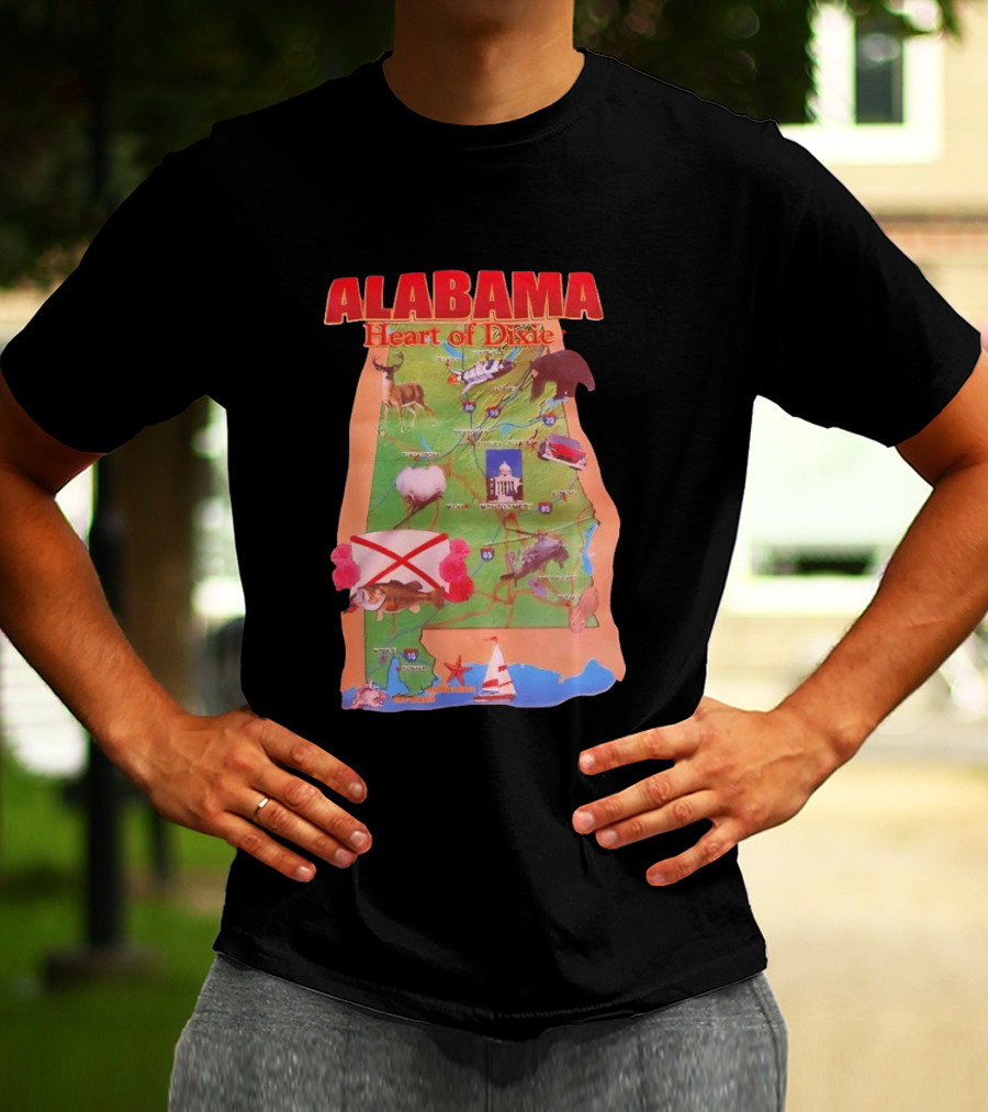 Alabama Heart Of Dixie Map Landmarks And Wildlife T-Shirt