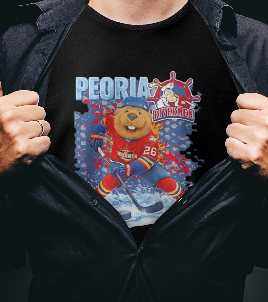 Rocky Peoria Rivermen Hockey Beaver Mascot Skating T-Shirt