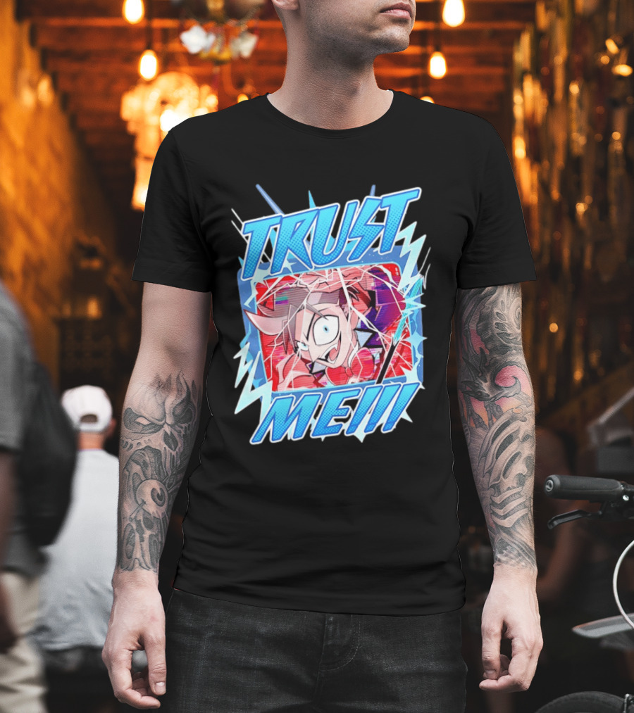 Hazbin Hotel Trust Me Cartoon Expression Blue Lightning T-Shirt