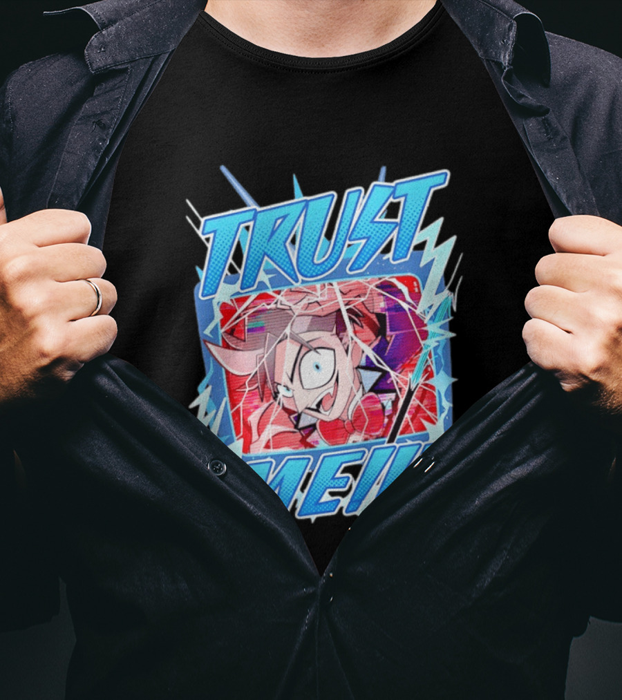 Hazbin Hotel Trust Me Cartoon Expression Blue Lightning T-Shirt