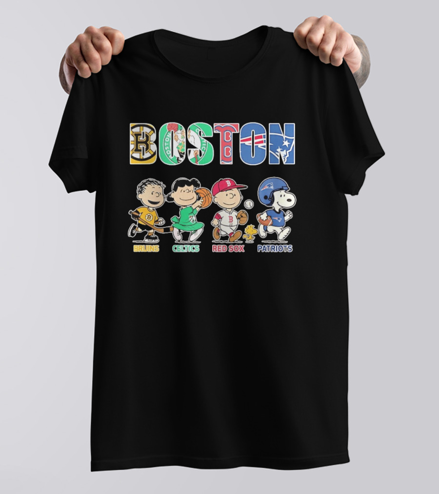 Peanuts Characters In Boston Bruins Celtics Red Sox Patriots Team T-Shirt