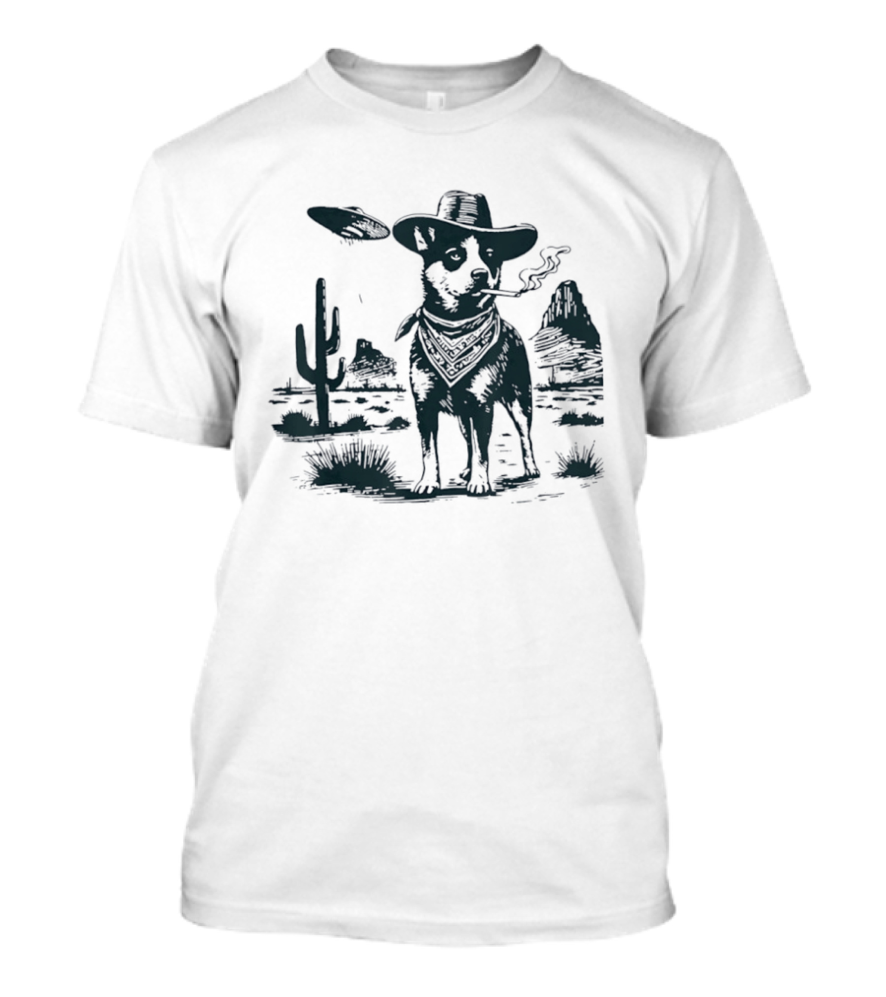 Australian Cattle Dog Smoking With UFO And Western Cowboy Desert Scene T-Shirt