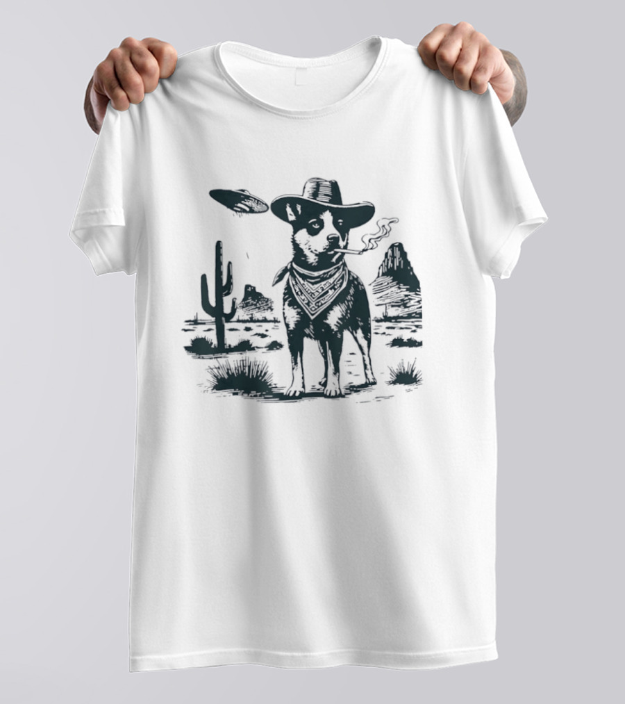 Australian Cattle Dog Smoking With UFO And Western Cowboy Desert Scene T-Shirt